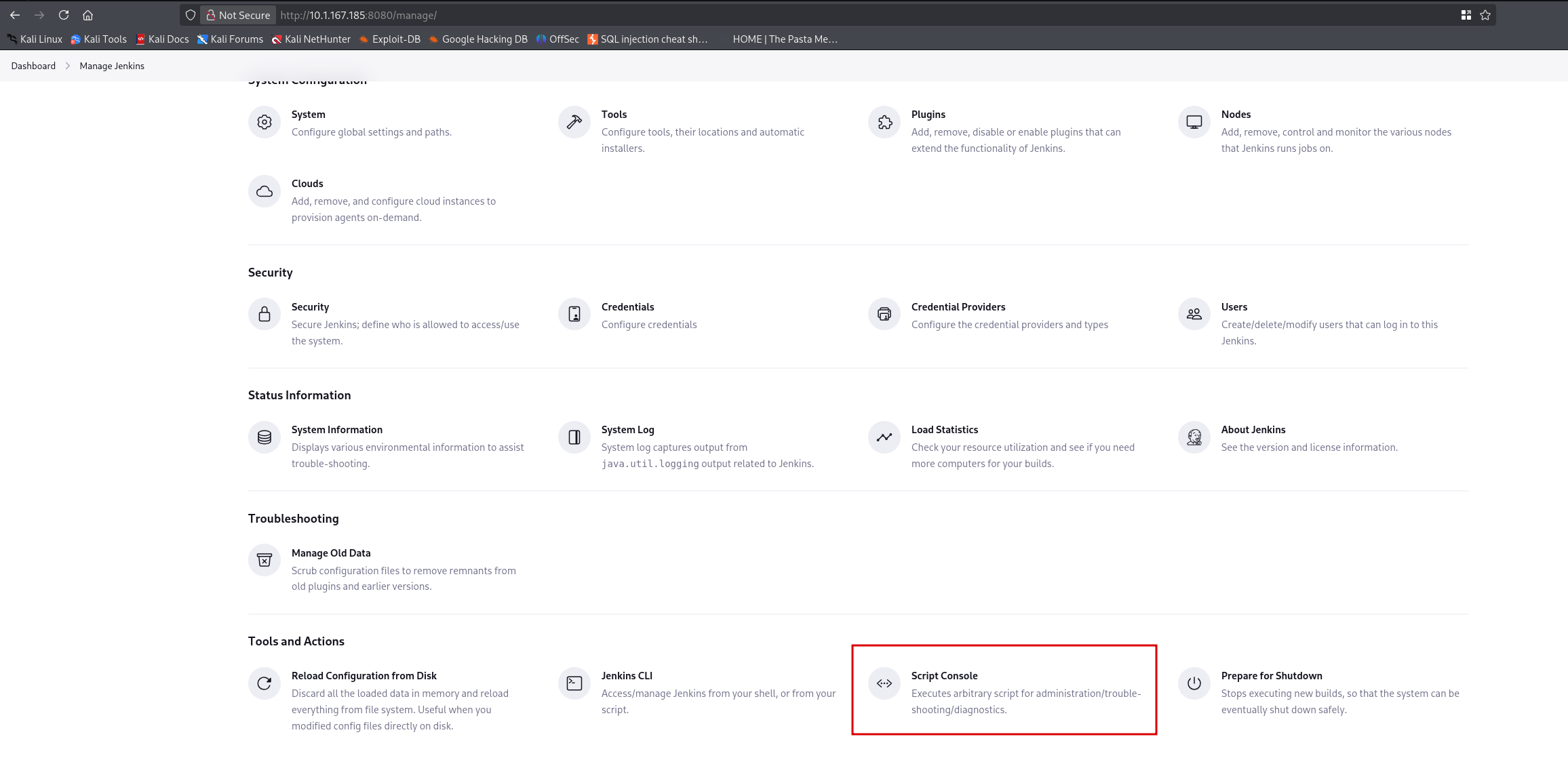 Jenkins Manage page showing Script Console option