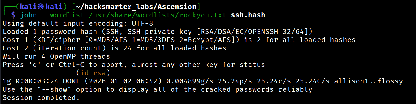 John the Ripper successfully cracking the SSH key passphrase