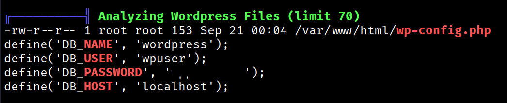 LinPEAS output showing wp-config.php with database credentials