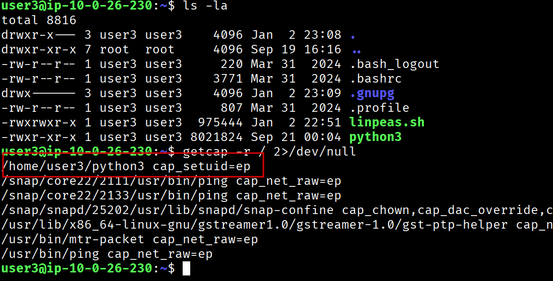 getcap output showing python3 with cap_setuid=ep capability
