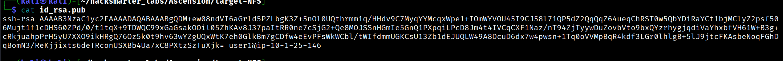 Public SSH key showing user1 as the owner