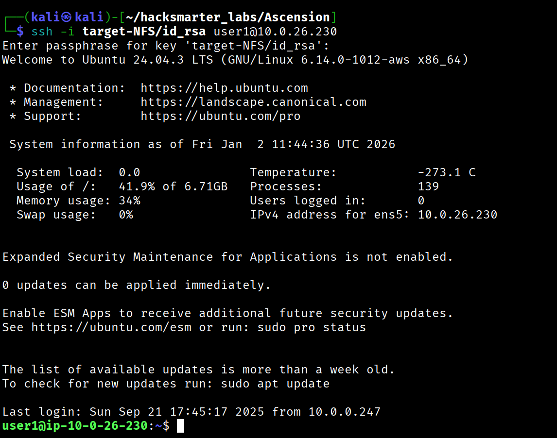 Successful SSH connection as user1