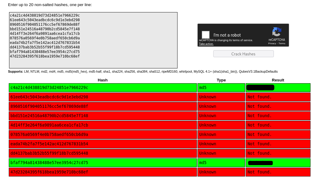 CrackStation results showing two cracked MD5 hashes