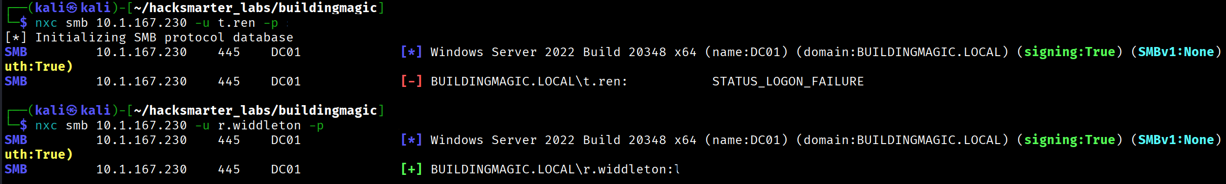 NetExec SMB validation showing r.widdleton successful login