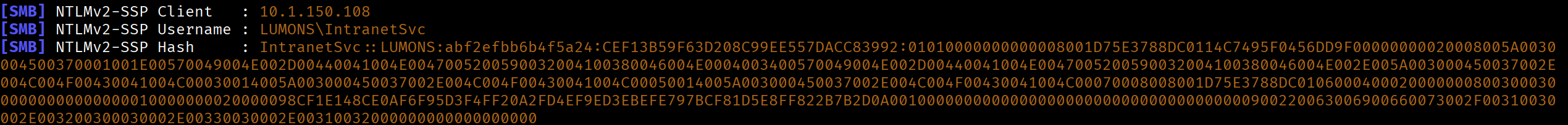 Captured INTRANETSVC NTLMv2 hash