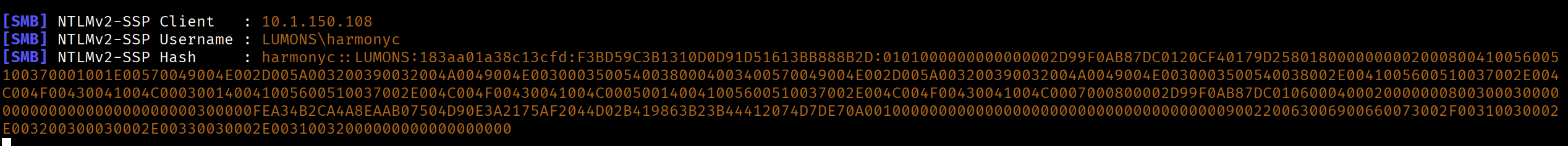 Captured NTLMv2 hash for harmonyc