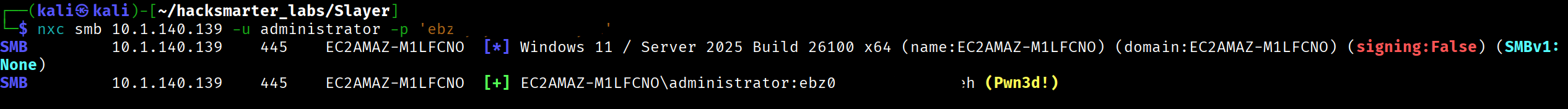 Administrator credentials validated via SMB