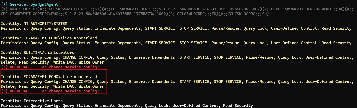 Service permission analysis showing exploitable permissions