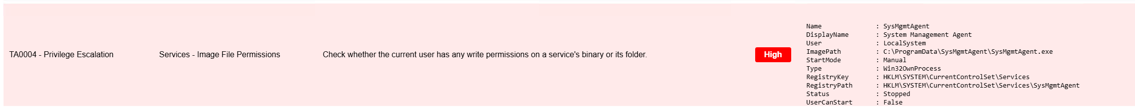 Service binary path vulnerability details in HTML report