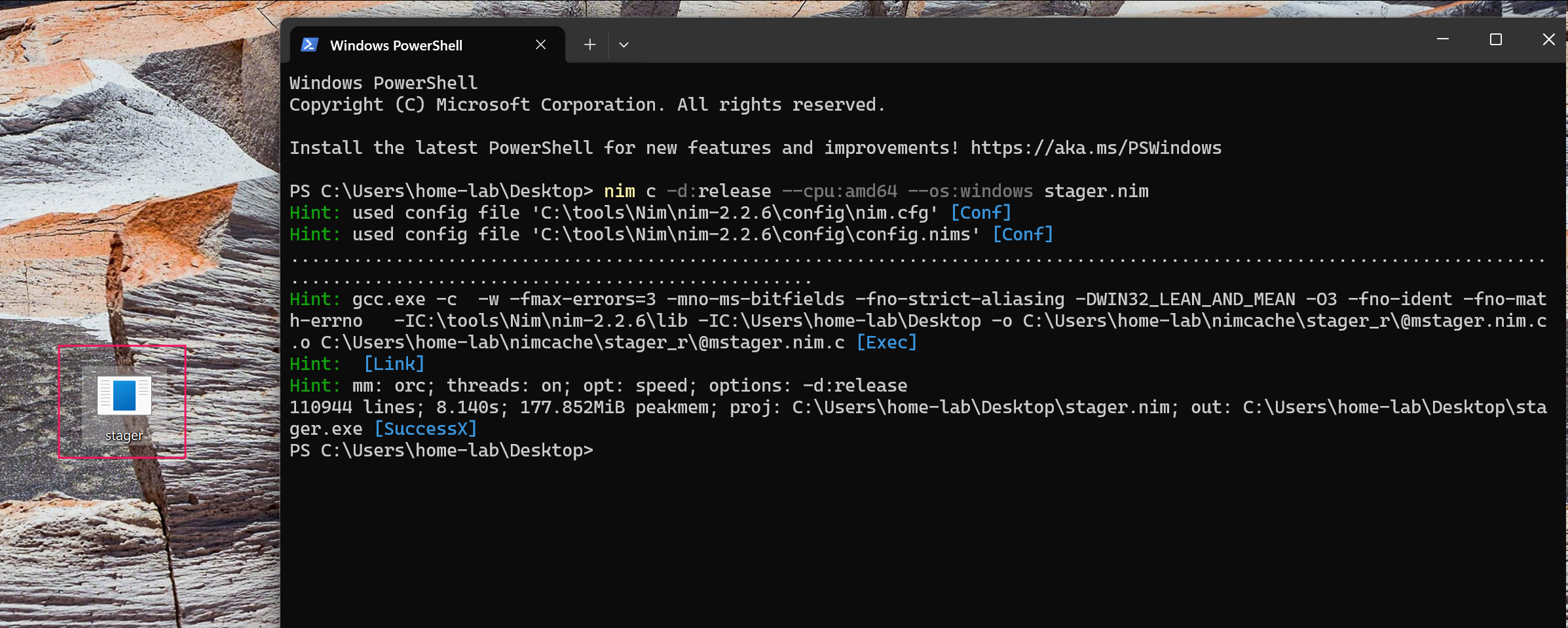 Nim stager compilation output