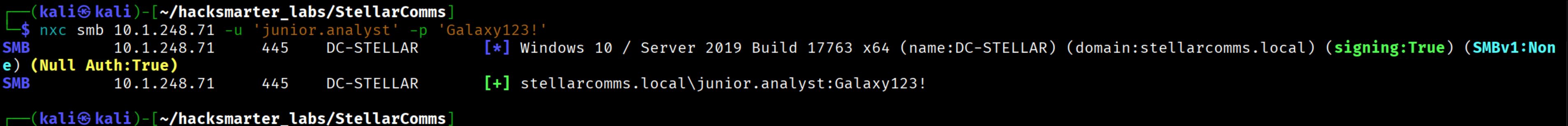 Successful authentication with junior.analyst:Galaxy123!