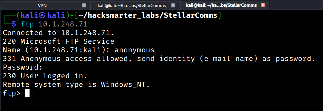 FTP Anonymous Login showing Docs, IT, and Pics directories