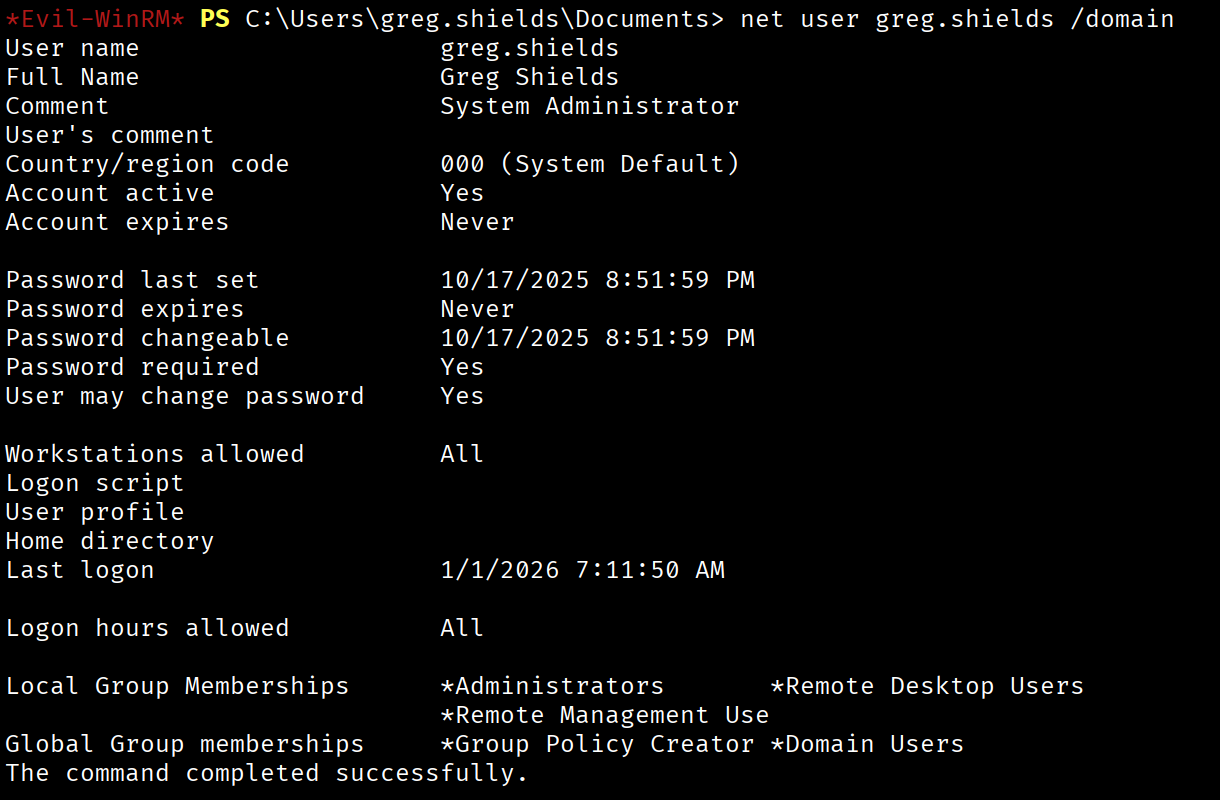 Evil-WinRM session confirming Administrator access