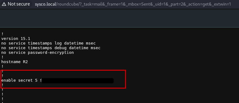 Cisco configuration file showing the enable secret hash