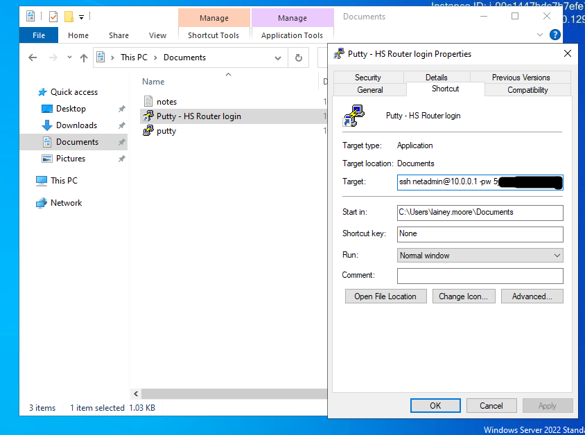 PuTTY shortcut revealing hardcoded credentials