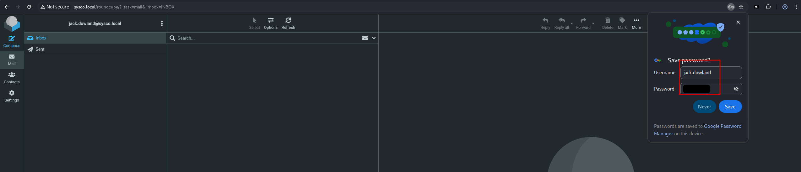 Successful Roundcube webmail login